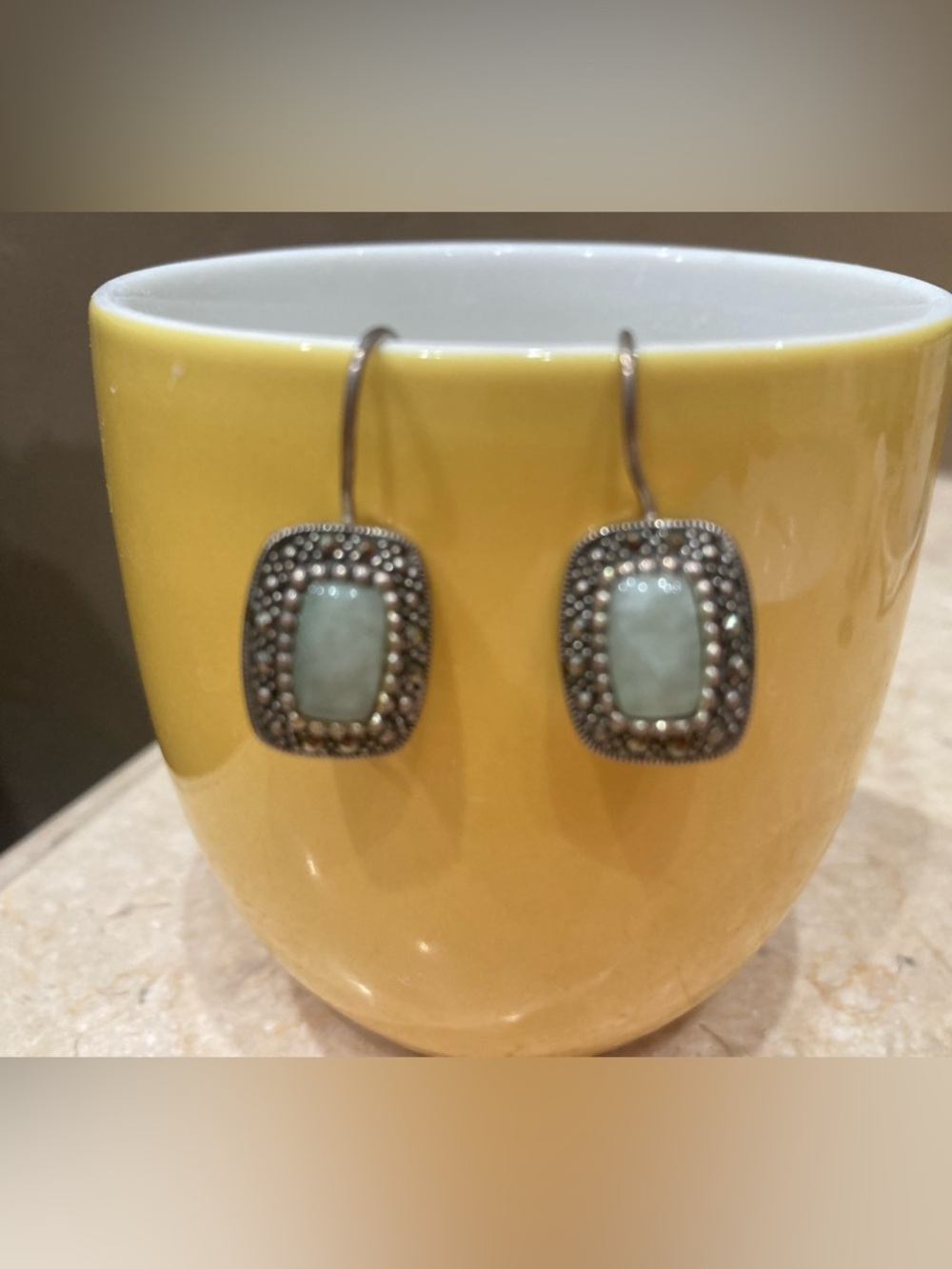 Jade & Marcasite Rectangle Drop Earrings in Sterling Silver